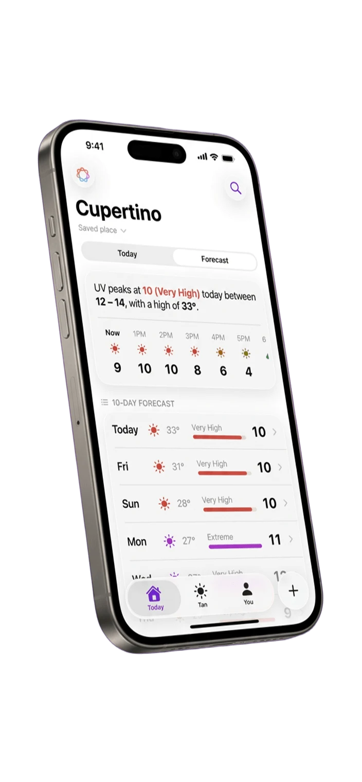 Suntic 10-day UV forecast screen