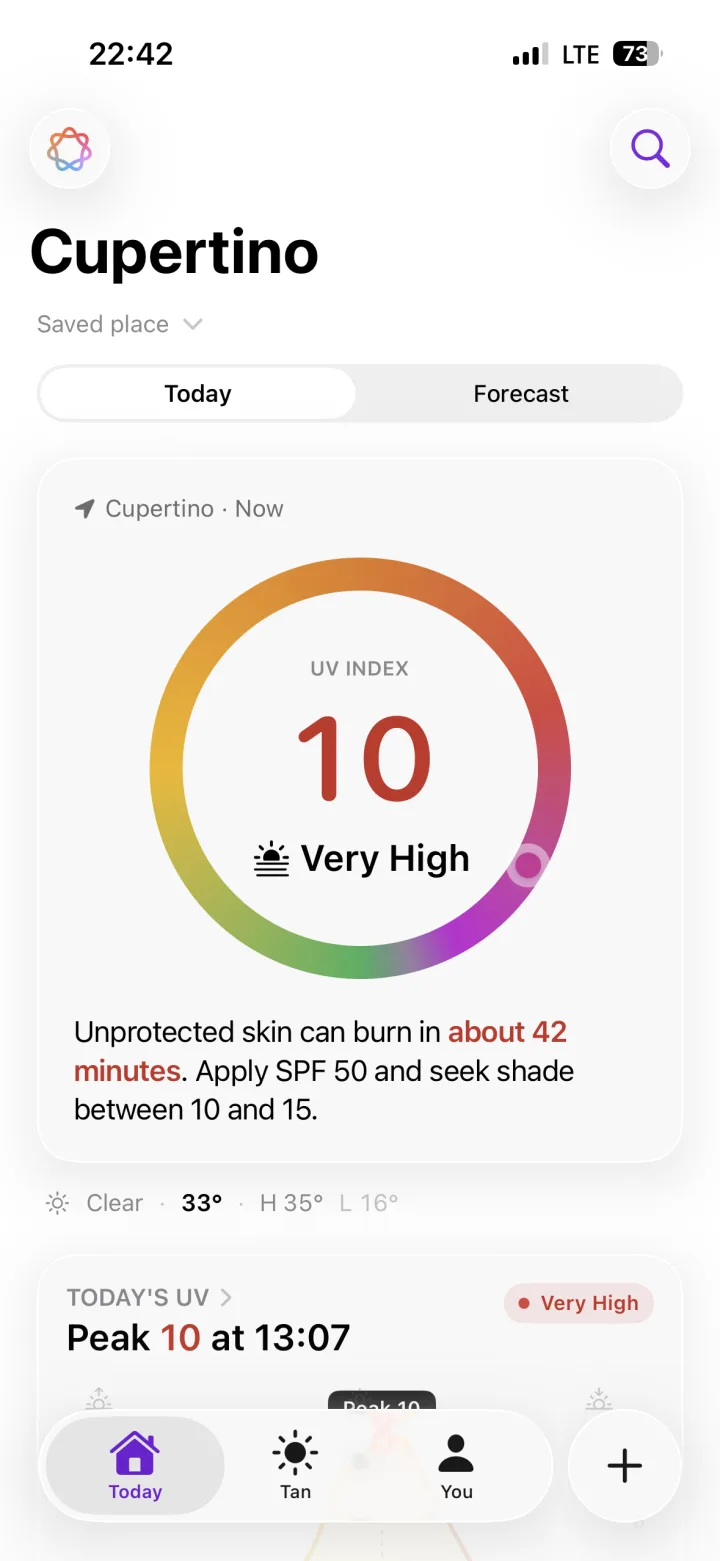 Suntic UV index home screen showing Very High UV and time to burn