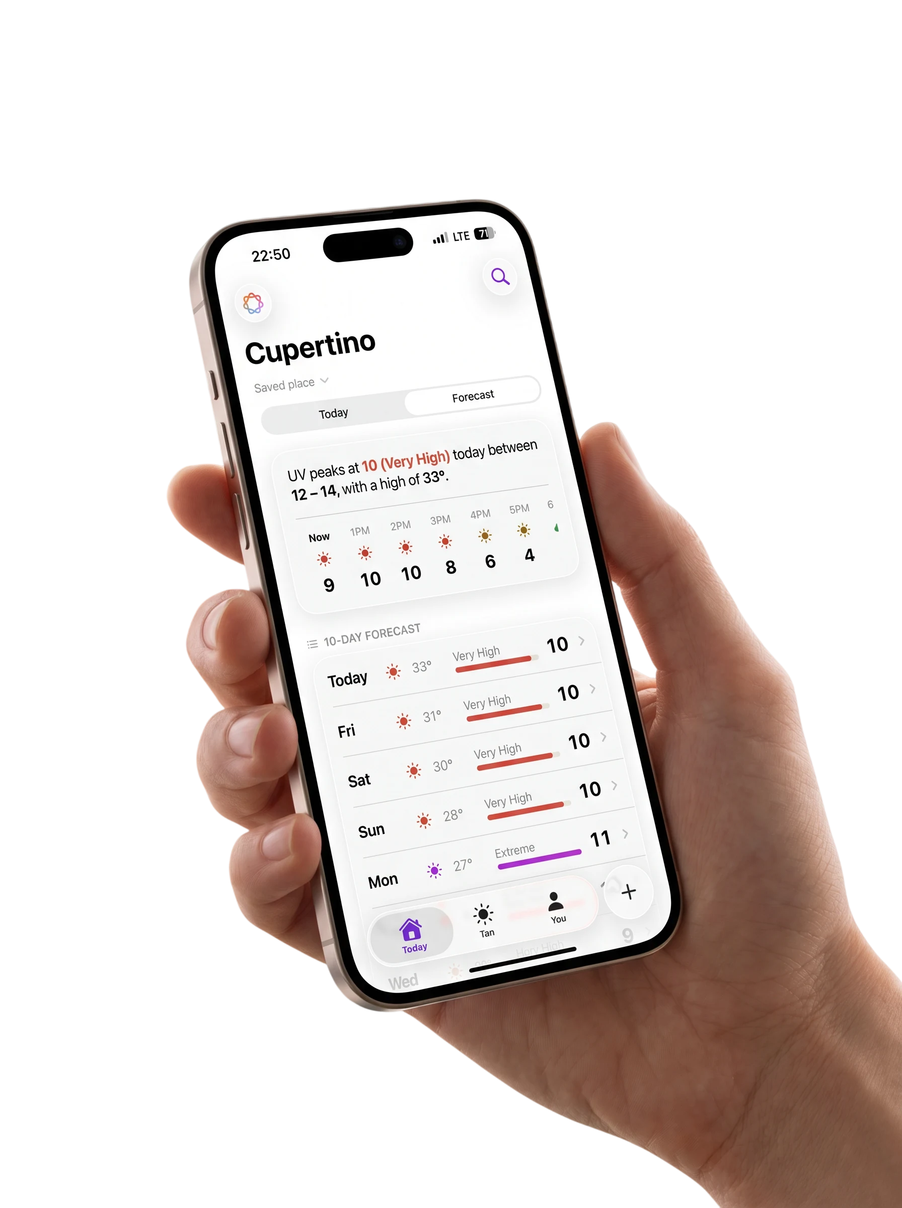 Suntic app showing today's UV index, held in hand